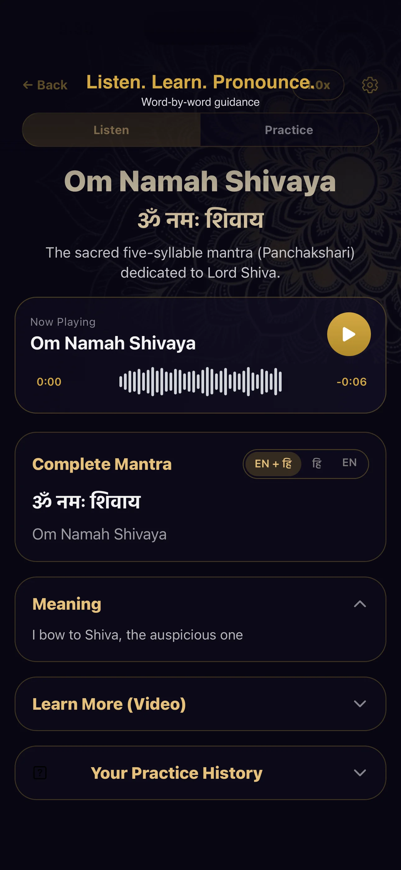 Anukriti meaning screen showing Om Gan Ganapataye Namah with Devanagari, transliteration, and English meaning